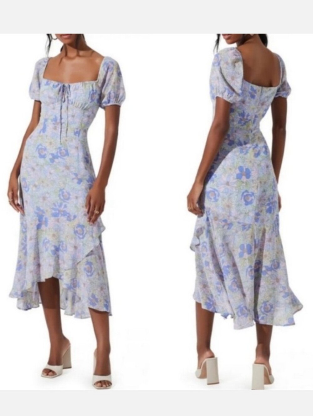 ASTR The Label Bow Ruffle Lavender Floral Midi Dress Puff Sleeves Size S NWT